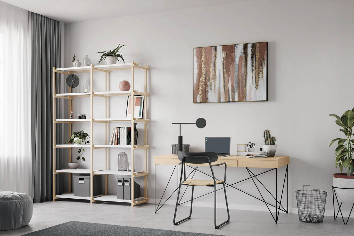RUČNE MAĽOVANÝ AKRYLOVÝ OBRAZ 100/75 cm, biely/hnedý, abstraktný geometrický motív - hnedá/biela, drevo/textil (100/75cm) - KUNSTLOFT