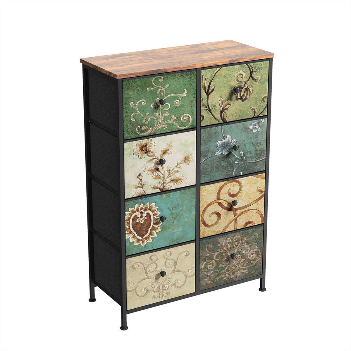 KOMMODE mit 8 Schubladen - bunte Vintage-Muster und Schwarzer Griff - Mehrfarbig - Multicolor, Metall (67.5/100/30cm) - DELFA