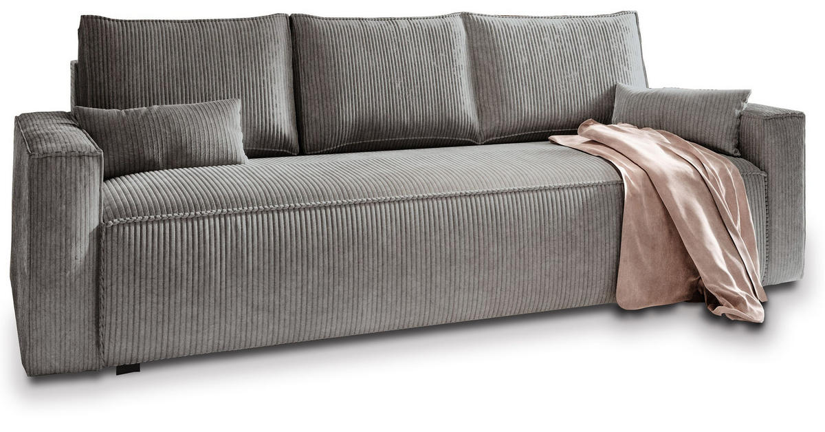 BETTSOFA MENI Grau Kordstoff mit Schlaffunktion - Grau, Textil (232/83/87cm) - MASSENO