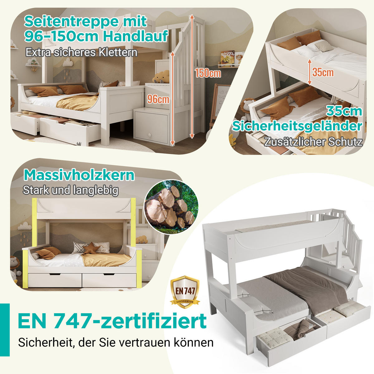ETAGENBETT Mit Leiterschrank Weiß 90/140x200 cm - Weiß, Holz (90/200cm) - ComfortXL