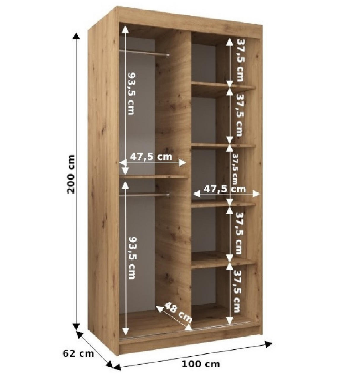 SCHWEBETÜRENSCHRANK 200/100/62 2-türig - Silberfarben/Weiß, Holz/Kunststoff (100/200/62cm) - Abiks Möbel
