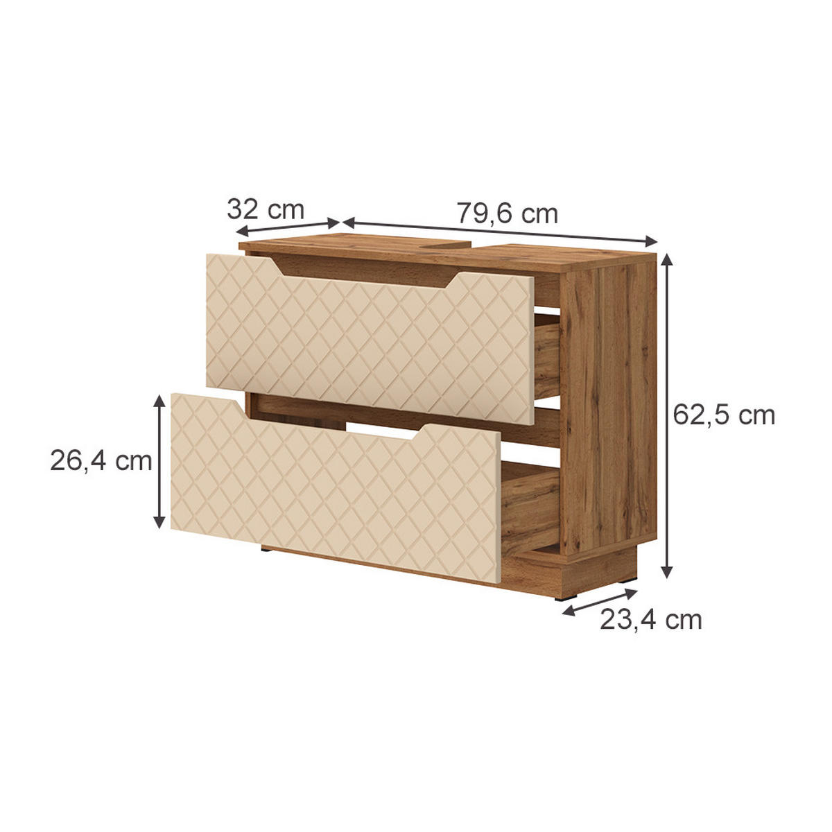 WASCHBECKENUNTERSCHRANK Lotta Eiche/Kaschmir mit Kachelstruktur 79.6 x 62.5 cm mit 2 Schubladen - Kaschmir/Eichefarben, Holzwerkstoff (79.6/62.5/32cm) - Vicco