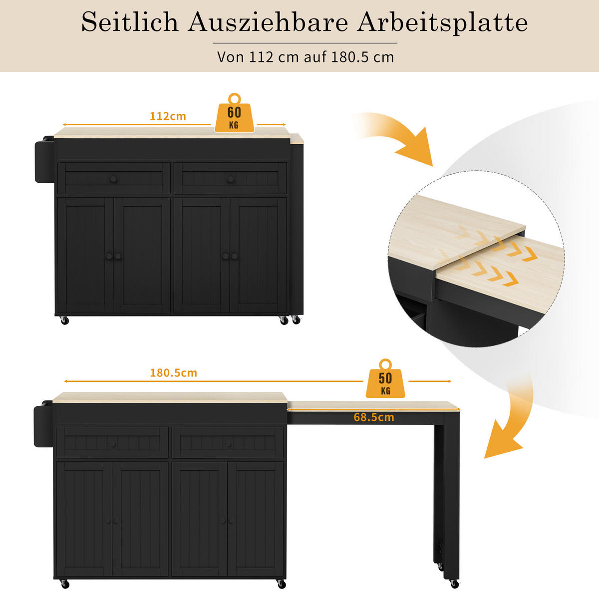 KÜCHENINSEL auf Rollen mit Arbeitsplatte und Schubladen, Schwarz/Natur - Schwarz, Holzwerkstoff (180.5/92.2/45cm)