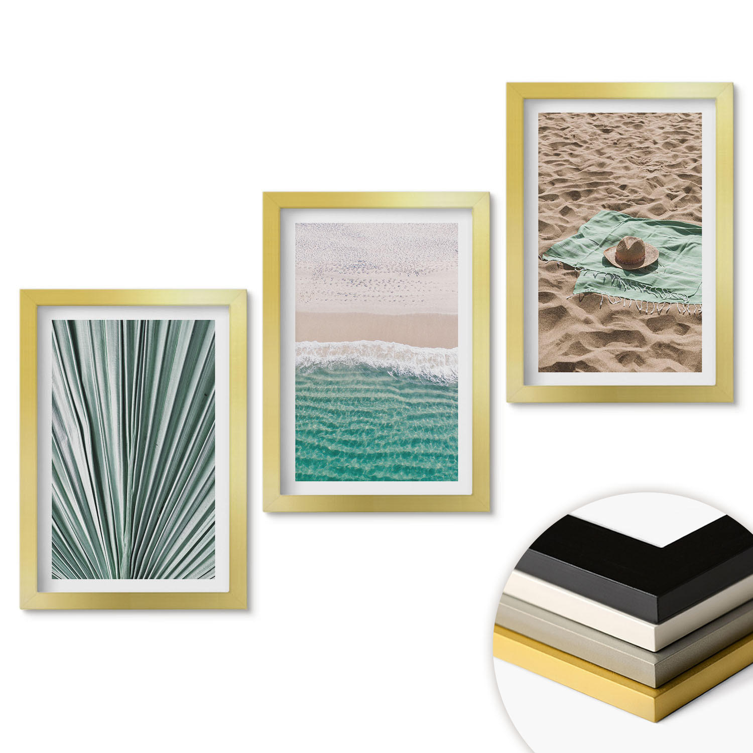 WANDBILDER 3er Set - 20x30 cm Goldrahmen - Urlaubsblick Strand Meer - Goldfarben, Kunststoff (20/30cm) - ArtPrintCave
