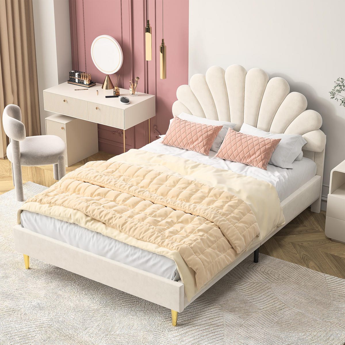 KINDERBETT 140 x 200 cm, Bettgestell mit floralem Kopfteil, beige, Samt, Doppelbett, Lattenrost. - Beige, Holz (140/200cm) - WoodenAura