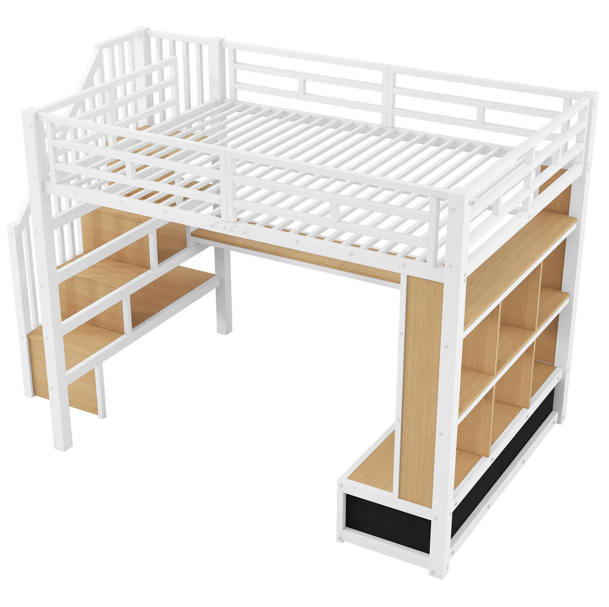 HOCHBETT aus MDF und Metall 140x200 cm Weiß mit Schreibtisch, Regalen, Stauraumtreppe und Schubladen - Weiß, Holzwerkstoff (140/200cm) - Modfu