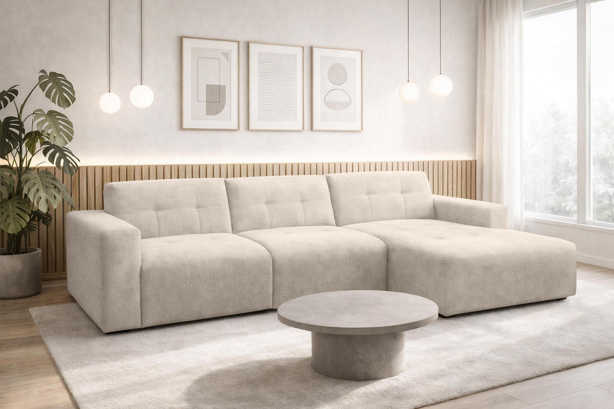 ECKSOFA L Form Corlu Creme 310/165/78 cm – stilvolle kleine Eckcouch Rechts - Creme/Schwarz, Kunststoff/Textil (165/310cm) - AX Living