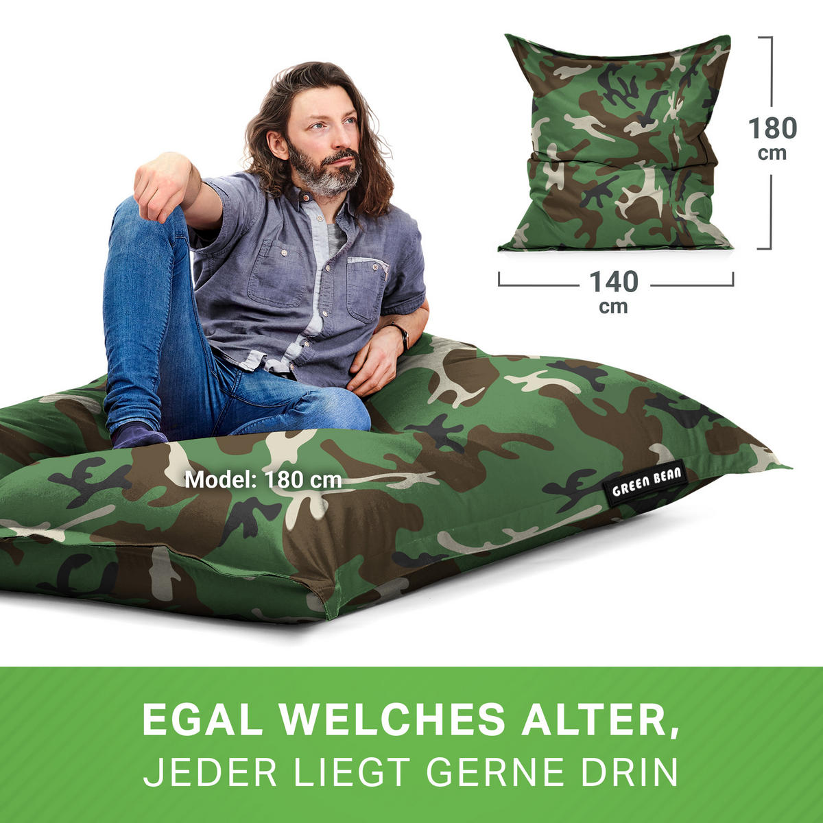XXL-SITZSACK + Pouf 2er Set - 140x180cm - Braun/Grün, Textil (140/25/180cm) - Green Bean