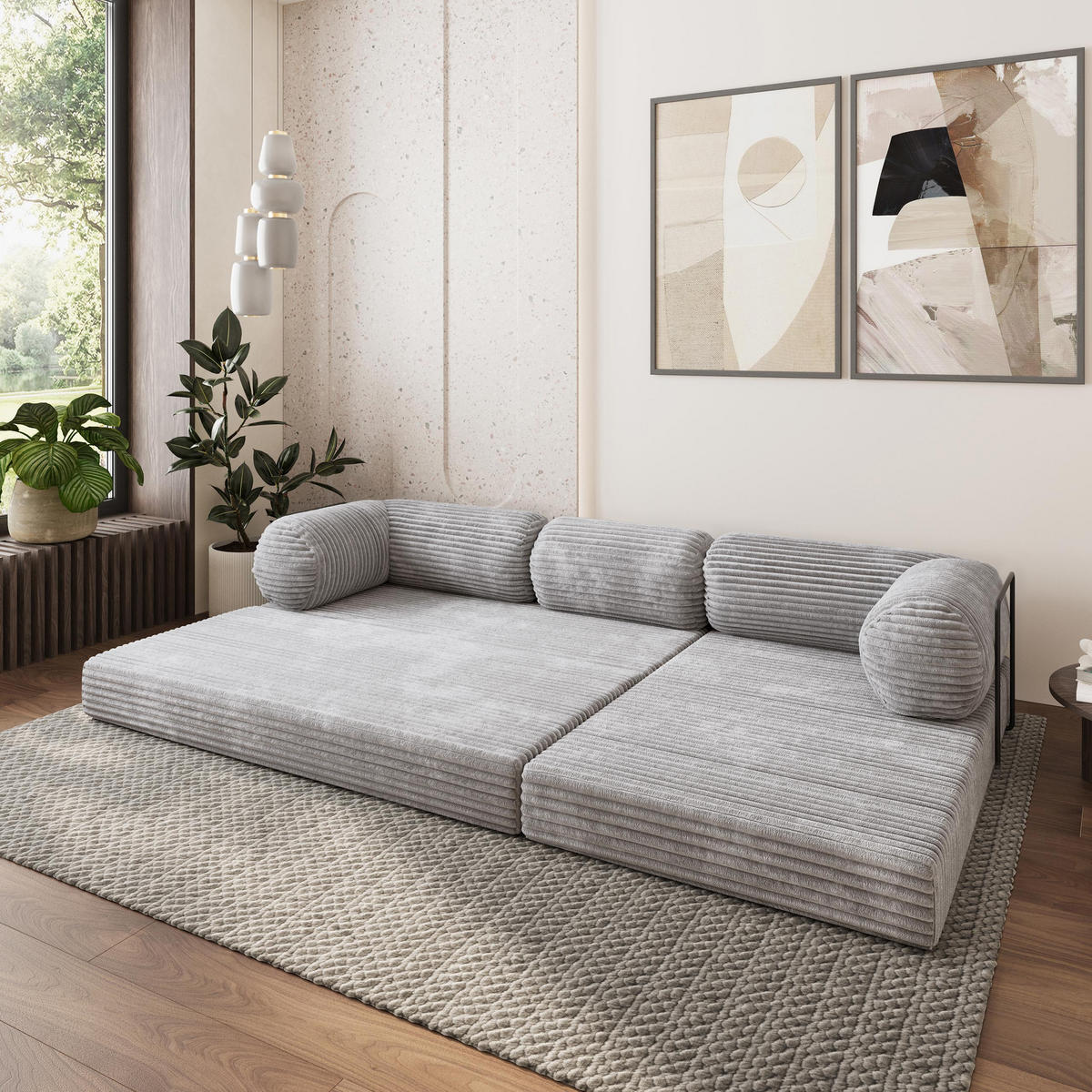 ROHOVÁ SEDAČKA ETERA modulární Boneless pohovka s funkcí spaní, světle šedá TILIA 86 - šedá, textil (270/160cm) - MASSENO