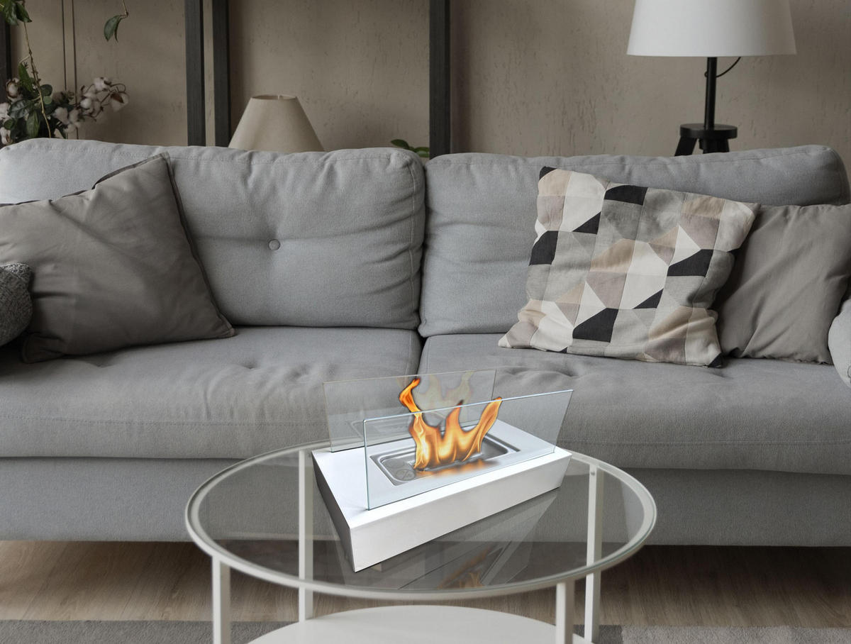 BIOETHANOL-KAMIN Weiß Tischmodell inklusive 0.18 L Brennblock - Weiß, Glas (35/15/18cm) - Purline