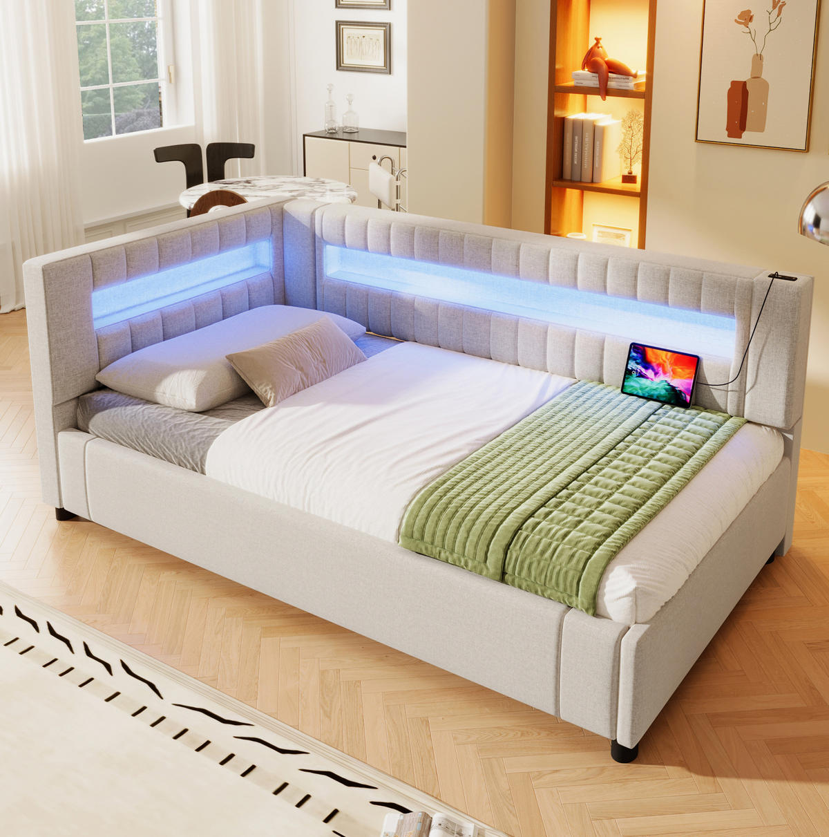 POLSTERBETT 90/200 cm in Beige mit LED-Beleuchtung, Stauraum und USB- und Type-C-Anschlüssen - Beige, Textil (90/200cm) - Flora Grace