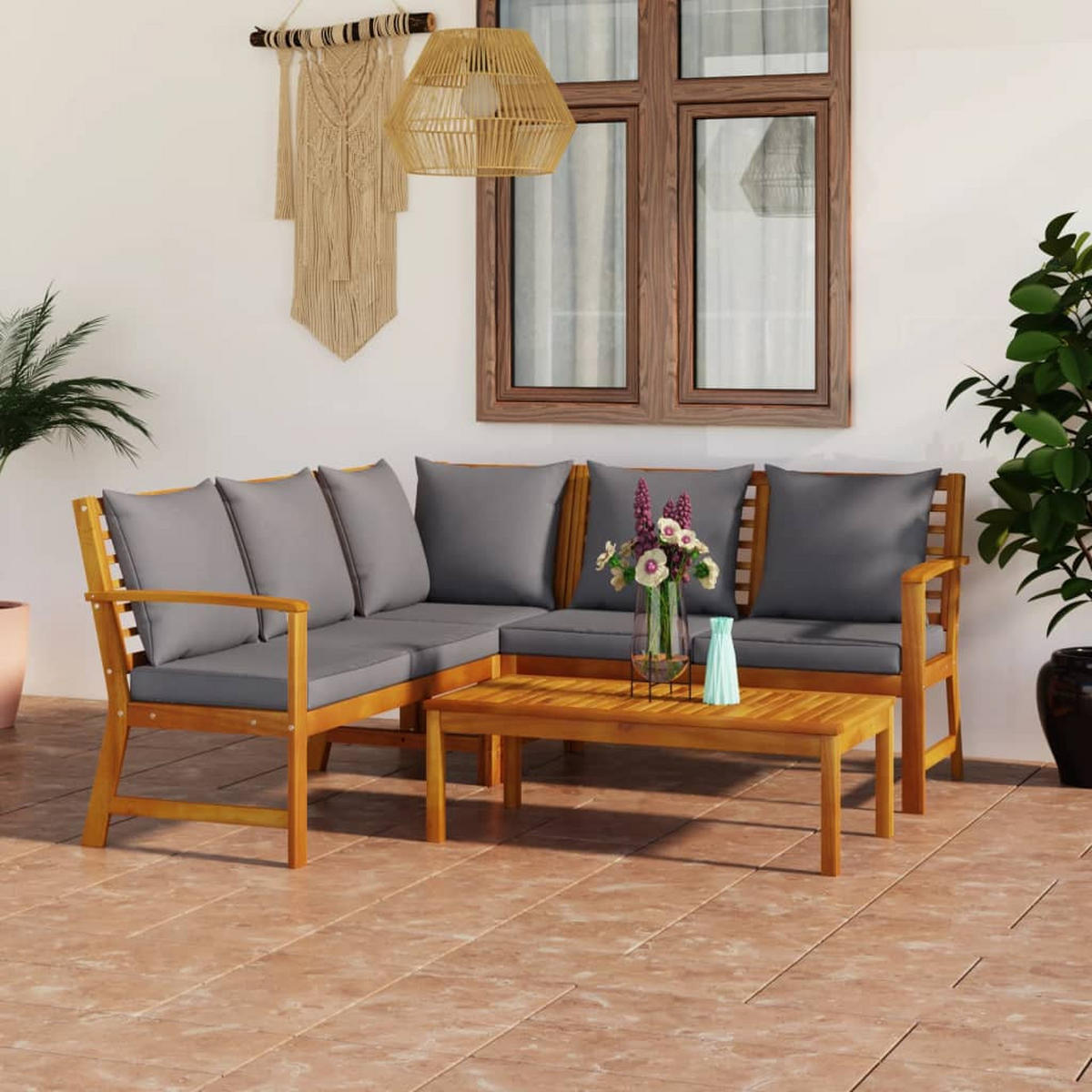 GARTEN-LOUNGE-SET 4-teilig Mit Auflagen Massivholz Akazie - Dunkelgrau, Holz/Textil - vidaXL