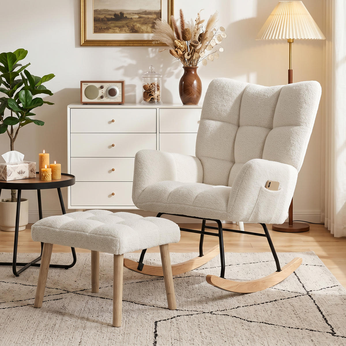 SCHAUKELSTUHL Sherpa Fußstütze Seitentaschen Creme - Creme, Textil (97/100/72cm) - Vallsero