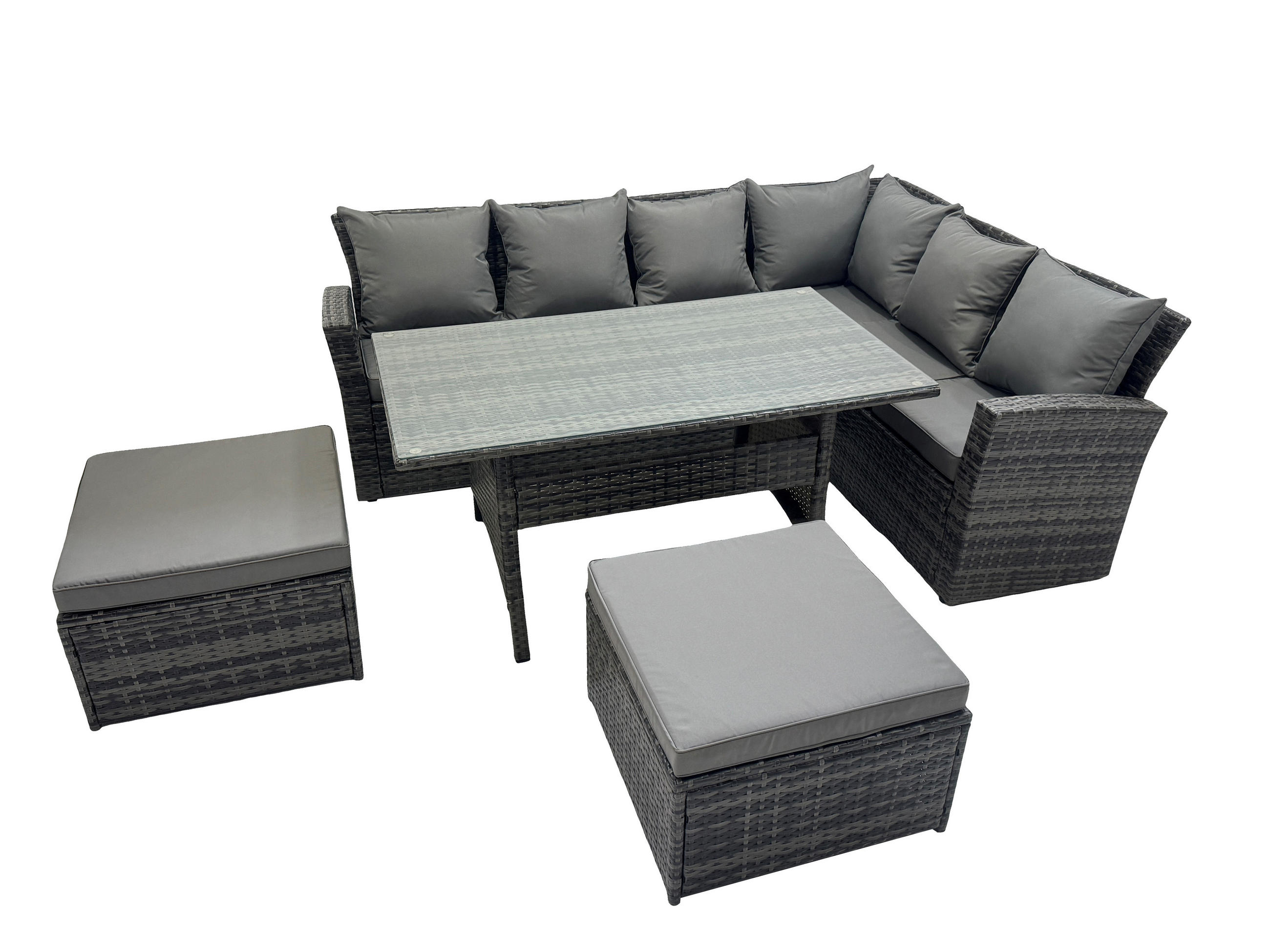 LOUNGEGARNITUR mit Esstisch Sofa Polyrattan Dunkelgrau 8-Sitzer - Dunkelgrau/Grau, Glas/Kunststoff - Fimous