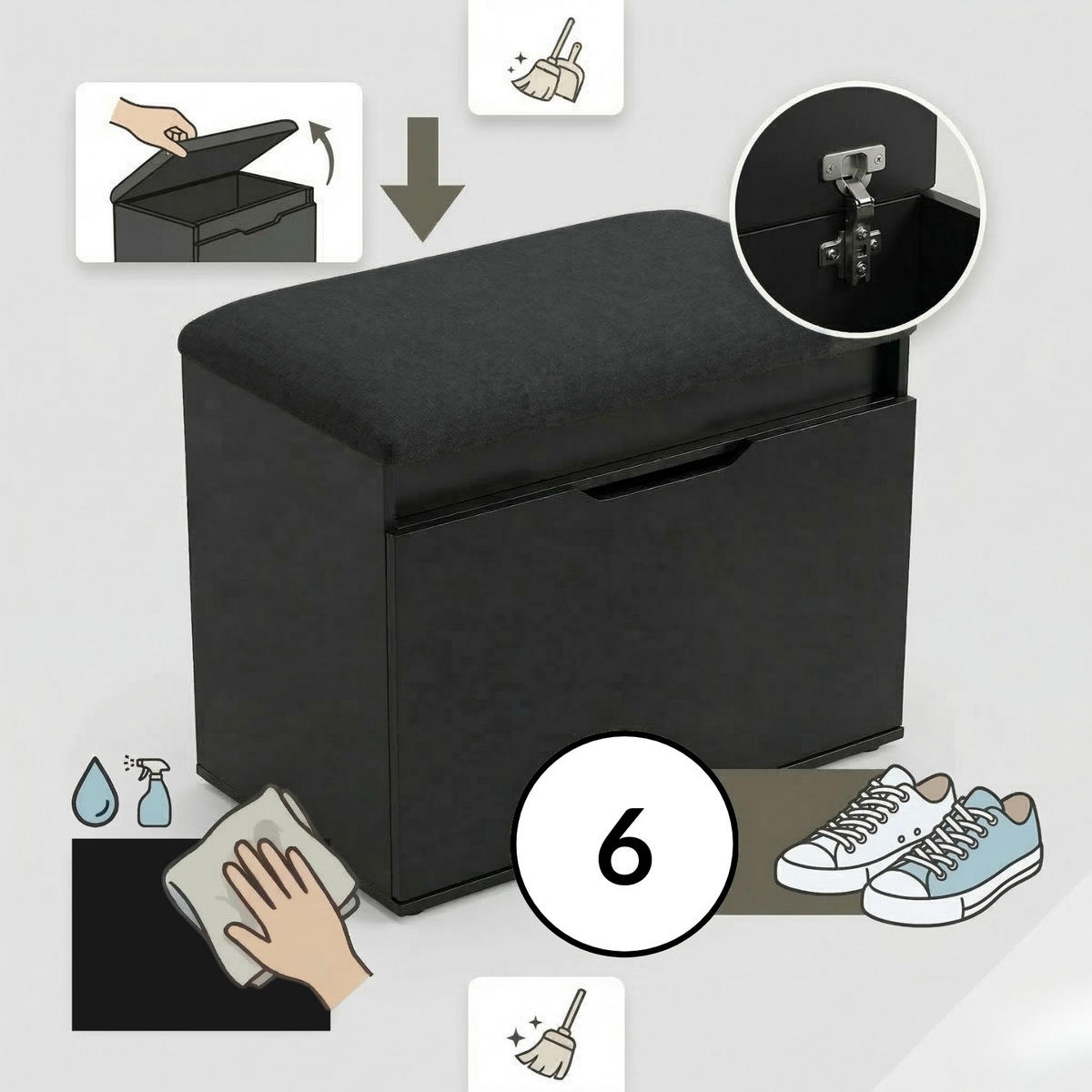 SCHUHSCHRANK Vira 60/50/35 cm Sitzbank - Schwarz, Holzwerkstoff (60/50/35cm) - BOXIMO