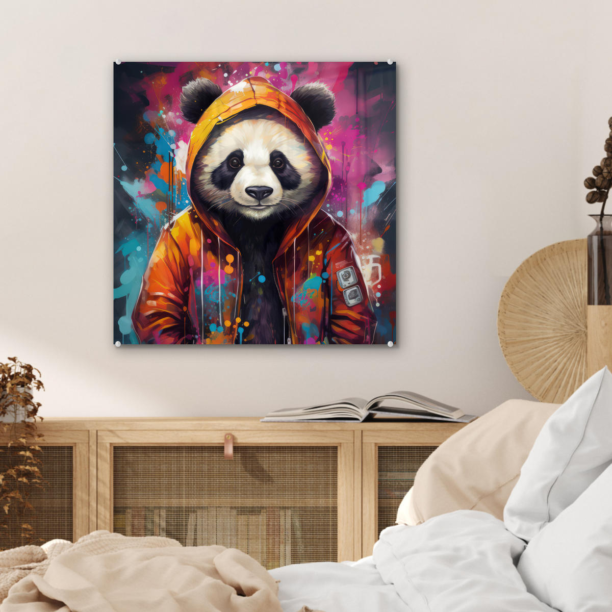 ACRYLGLASBILD Panda - Jacke - Graffiti - Orange 50x50 cm - Orange, Glas (50/50cm) - MuchoWow