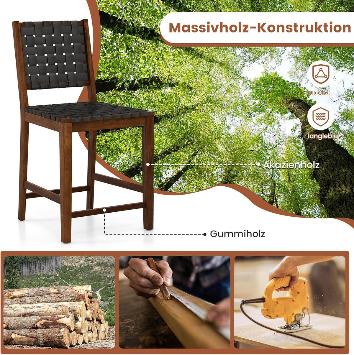 BARHOCKER mit Rückenlehne Braun(2er-Set) - Braun, Holz (59/101/52cm) - COSTWAY