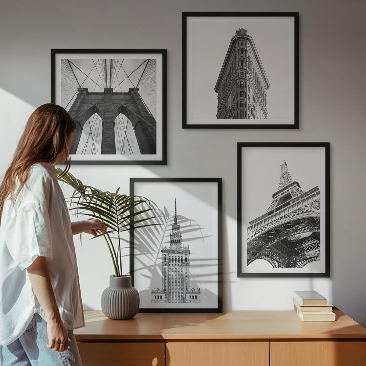BILDER SET 4er Set - 50x50 cm & 40x60 cm Schwarzer Rahmen - Architektur Schwarz-Weiß-Minimalismus - Schwarz, Kunststoff (50/50cm) - TULUP