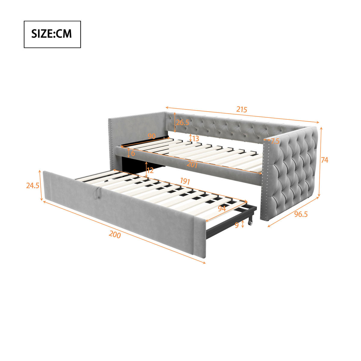 POLSTERBETT mit Knöpfen Samt Hellgrau 90/200 cm - Grau, Leder (90/200cm) - OKWISH
