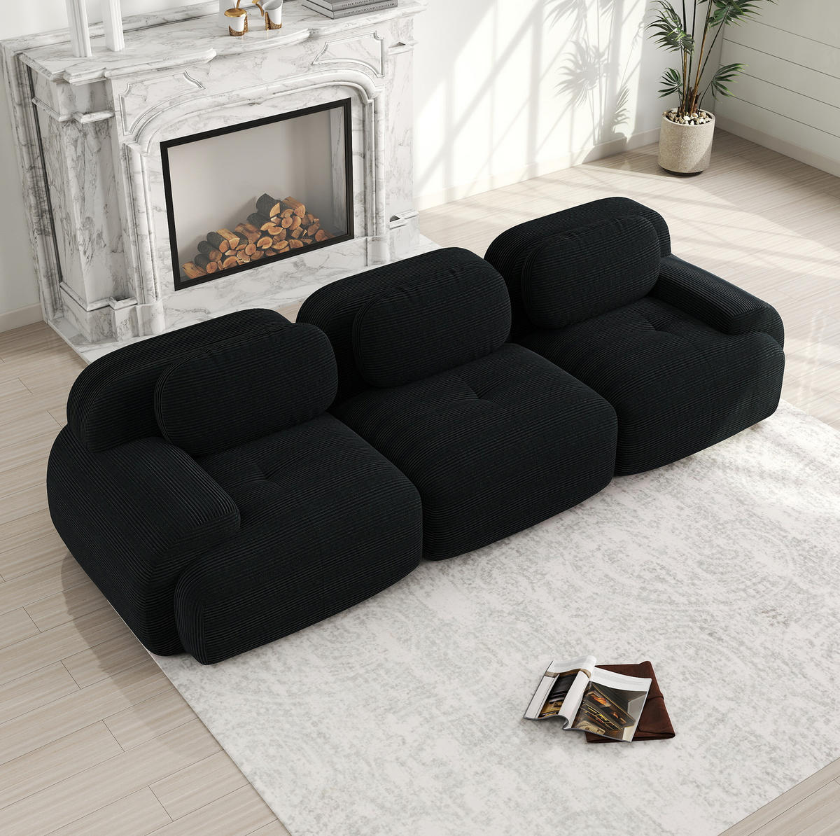 ECKSOFA 298/103/75 cm schwarz aus Cordstoff modular und rahmenlos ohne Montage - Schwarz, Textil (103/75/298cm) - OKWISH