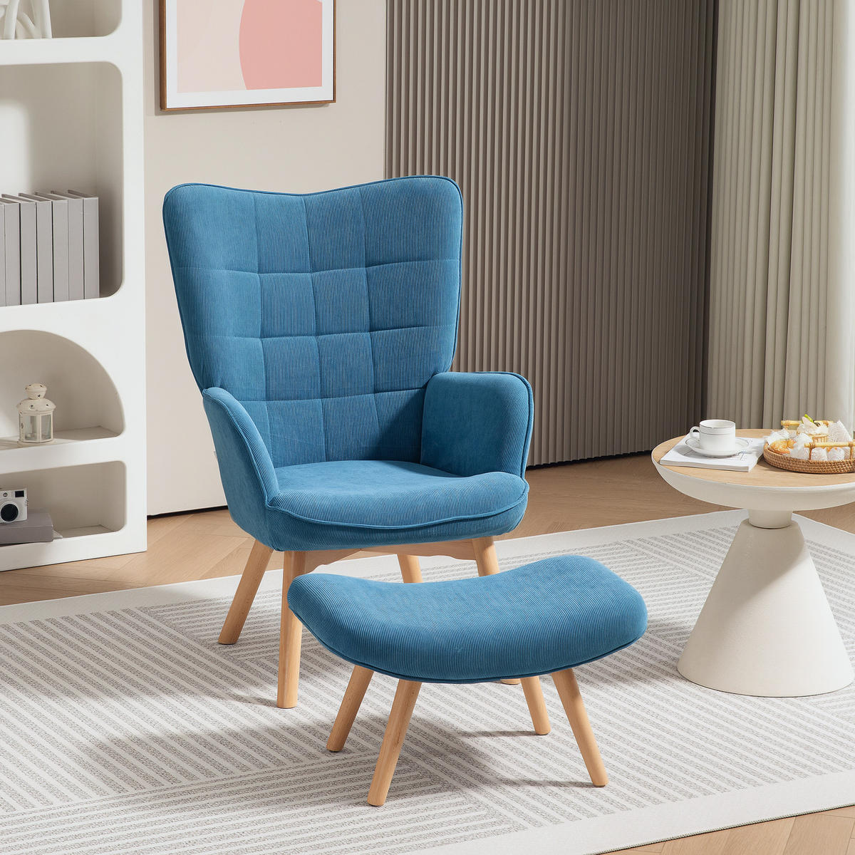 SESSEL mit Hocker, Ohrensessel mit Hoher Rückenlehne, Holzbeine, Cord, Blau - Blau, Textil (80/101/72cm) - HOMCOM