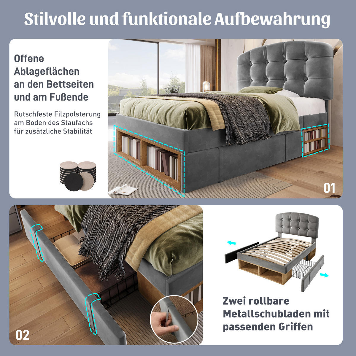 POLSTERBETT 90/200 cm mit höhenverstellbarem Kopfteil, Schubladen und Stauraum, Grau - Grau, Textil (90/200cm) - Redom