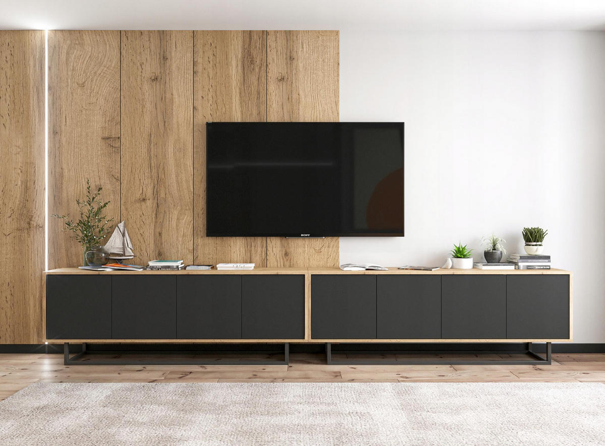 TV-SCHRANK Apollo2 Eiche wotan Schwarz Matt 150/53/35 cm - Schwarz, Holzwerkstoff/Metall (150/53/35cm) - Meble Lindner