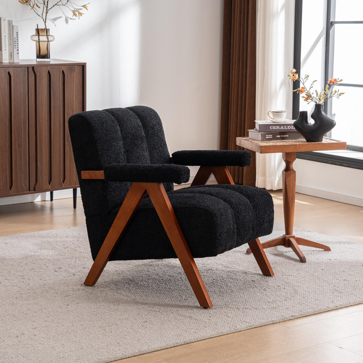 SESSEL Bouclé Schwarz mit Holzrahmen - Schwarz, Holz/Holzwerkstoff (77/77/68.5cm) - WISHDOR