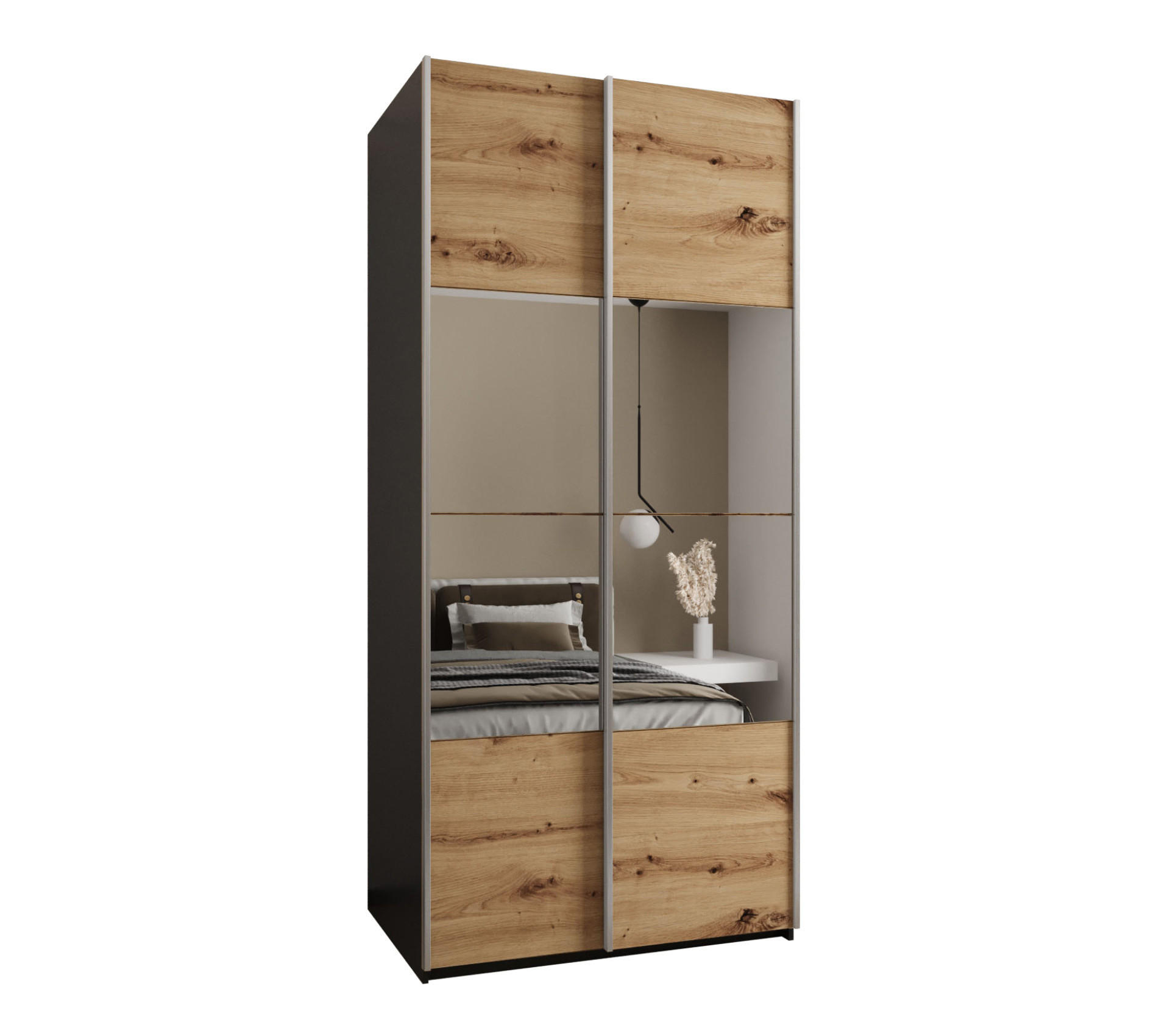 Abiks Möbel Schwebetürenschrank Schwarz, Eiche Artisan, Silber 110x245x64 cm