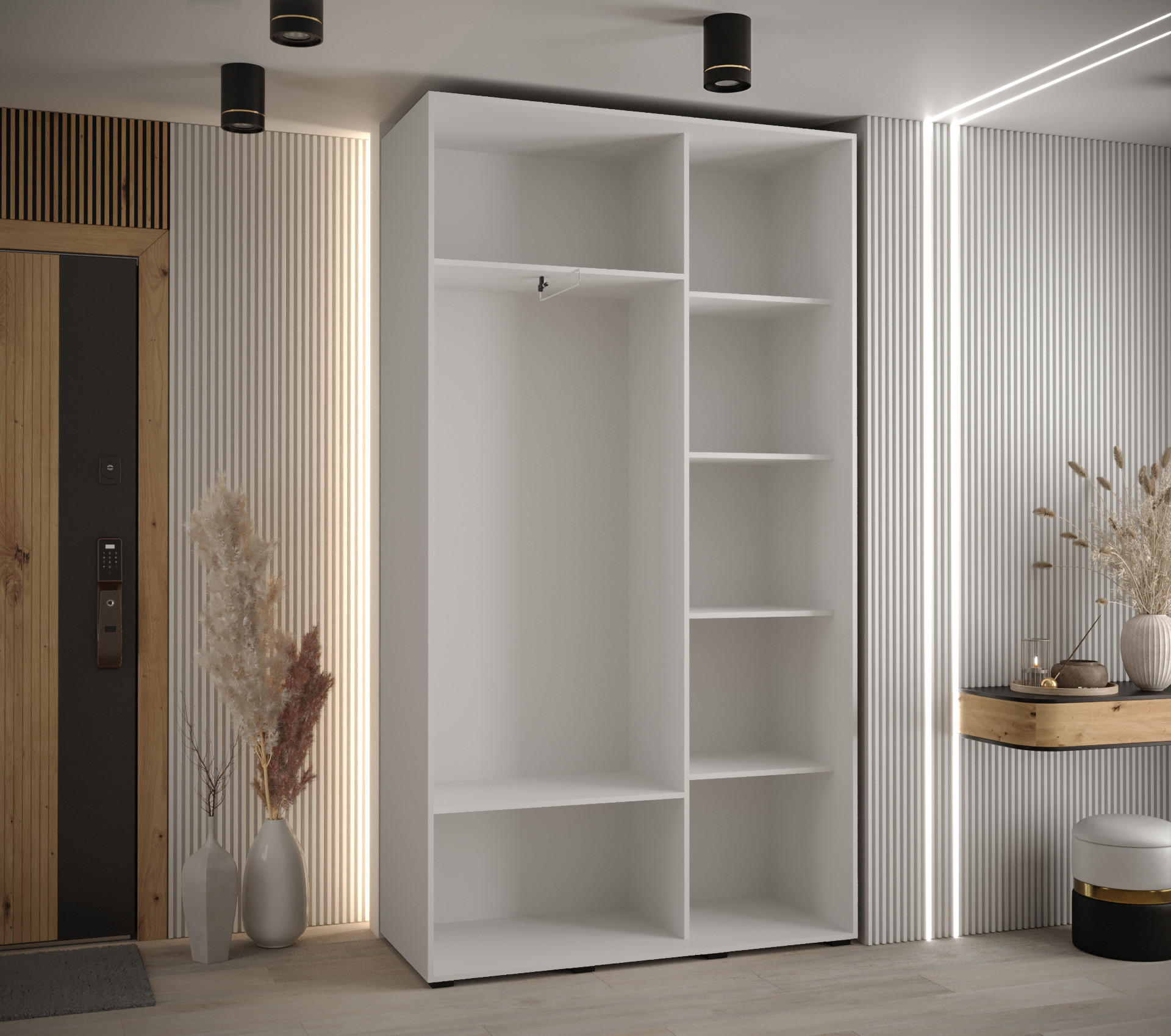 Thumbnail - Abiks Möbel Schwebetürenschrank, Weiß, Eiche Artisan, Silber, Metall, Nachbildung, 6 Fächer, 130x235x45 cm, Schlafzimmer...