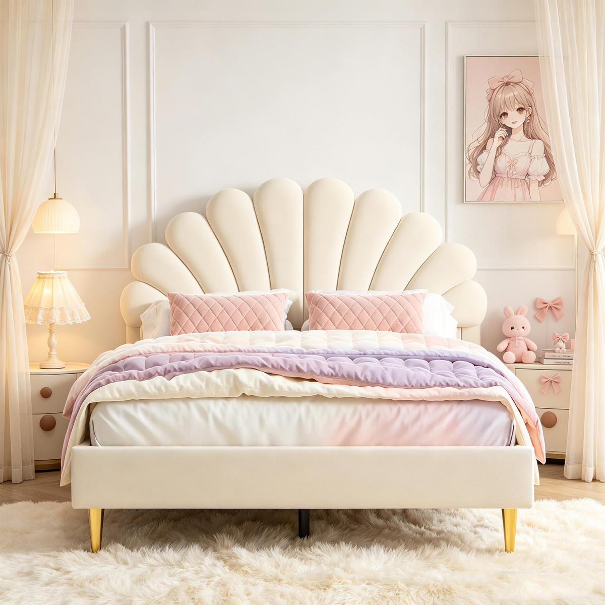 POLSTERBETT 140 x 200, Kinderbett mit Lattenrost, Blütenblattförmiges Kopfteil, Samt, beige - Beige, Holzwerkstoff/Textil (140/200cm) - GENKI LIVING