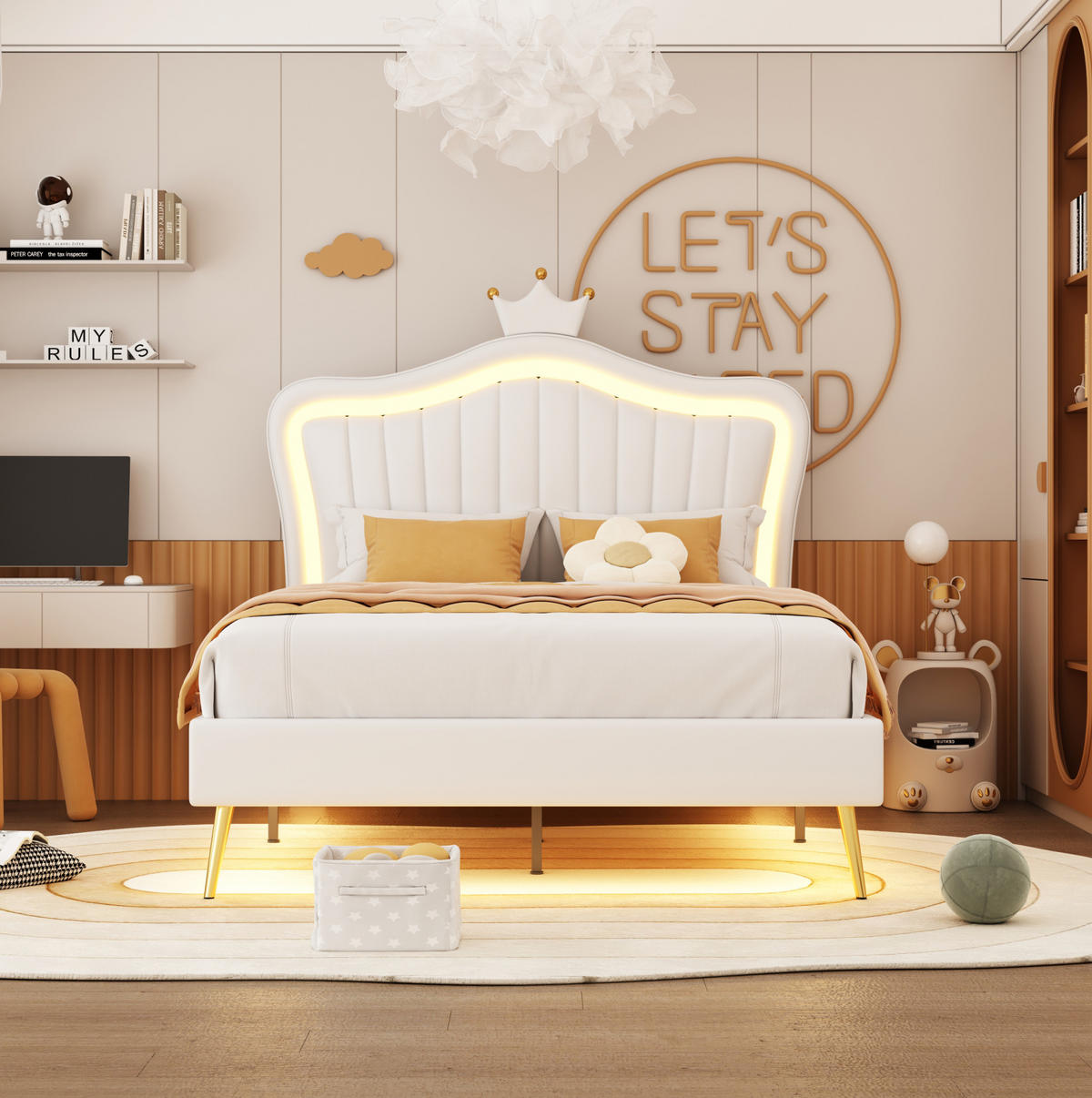 DETSKÁ posteľ 90/200 cm biela s LED osvetlením a nastaviteľným čelom z MDF a umelej kože - biela, textil (90/200cm) - OKWISH