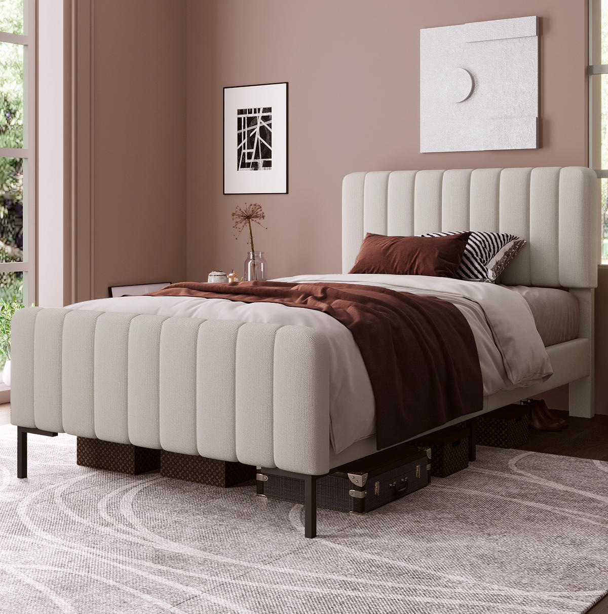 POLSTERBETT 90/200 cm Grau-Beige aus Leinen mit verstellbarem Kopfteil - Grau, Textil (90/200cm) - OKMYHOME