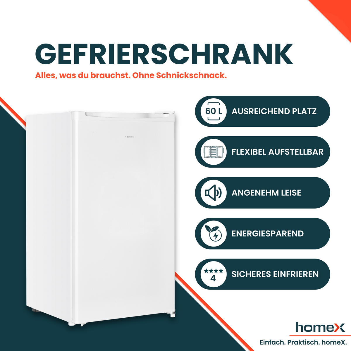 GEFRIERSCHRANK klein - 60L Nutzinhalt, 4-Sterne Gefrieren, kompakt, freistehend, weiß - Weiß, Kunststoff/Metall (47.5/85/45cm) - homeX