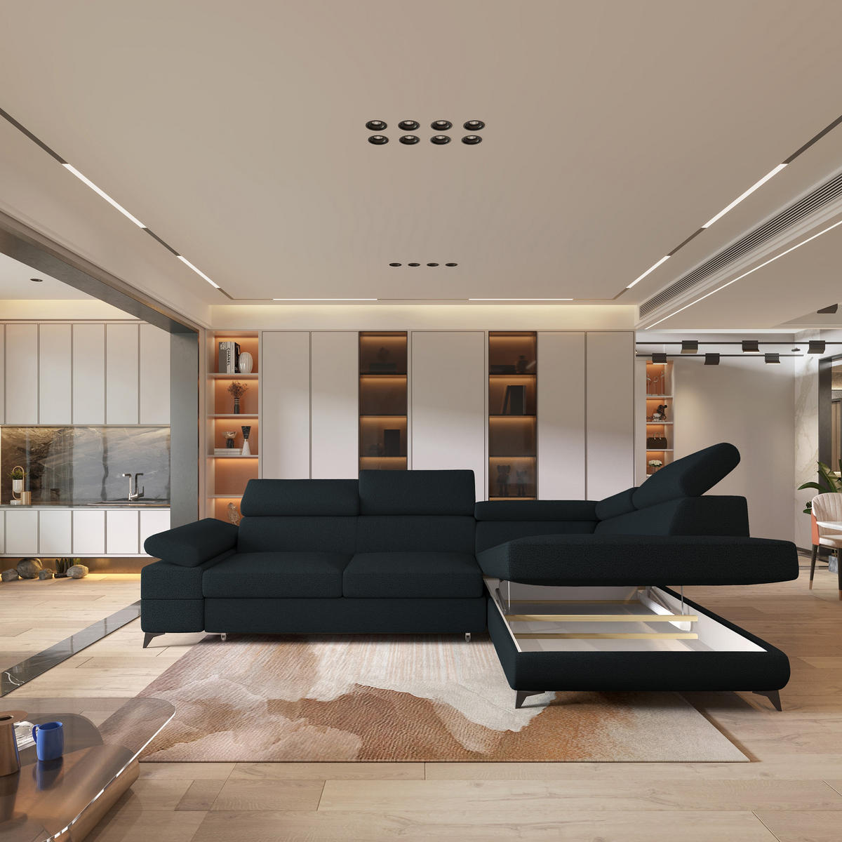 ECKSOFA FAVIEN R-S Schwarz Boucle-Stoff mit Schlaffunktion - Schwarz, Holz (257/190cm) - MASSENO