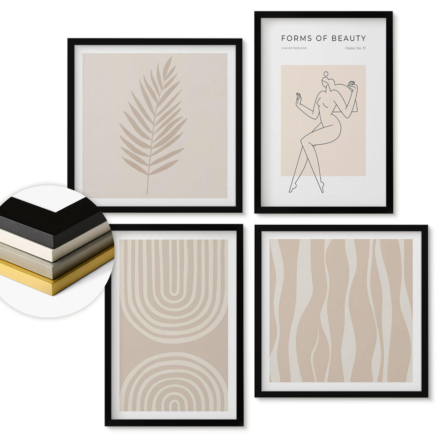 WANDBILDER 4er-Set - 50x50 cm & 40x60 cm Schwarzer Rahmen - Abstrakte Boho-Dekorationen - Schwarz, Kunststoff (50/50cm) - ArtPrintCave