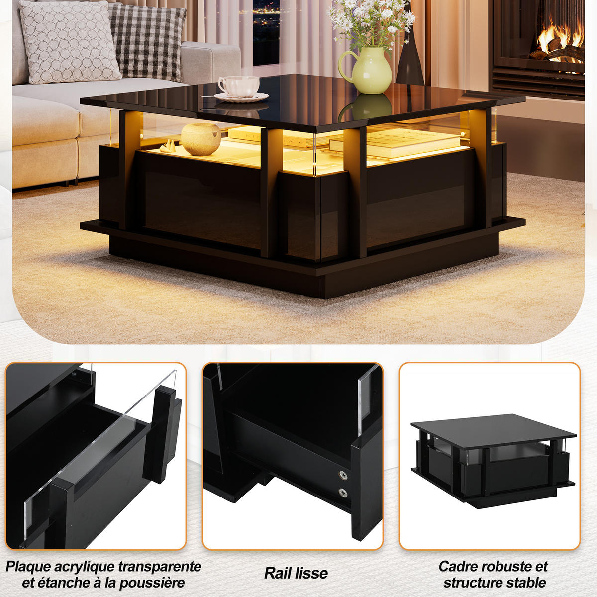 COUCHTISCH 70/70/35 cm Schwarz aus Holzwerkstoff mit LED-Beleuchtung und 2 Schubladen - Schwarz, Holzwerkstoff (70/70/35cm) - OKWISH