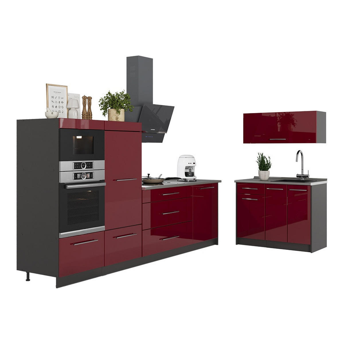 BUCĂTĂRIE Fame-Line, Bordeaux lucios ridicat/antracit, 380 cm fara blat - bordo/antracit, compozit lemnos (380/153.6/51.6cm) - Vicco