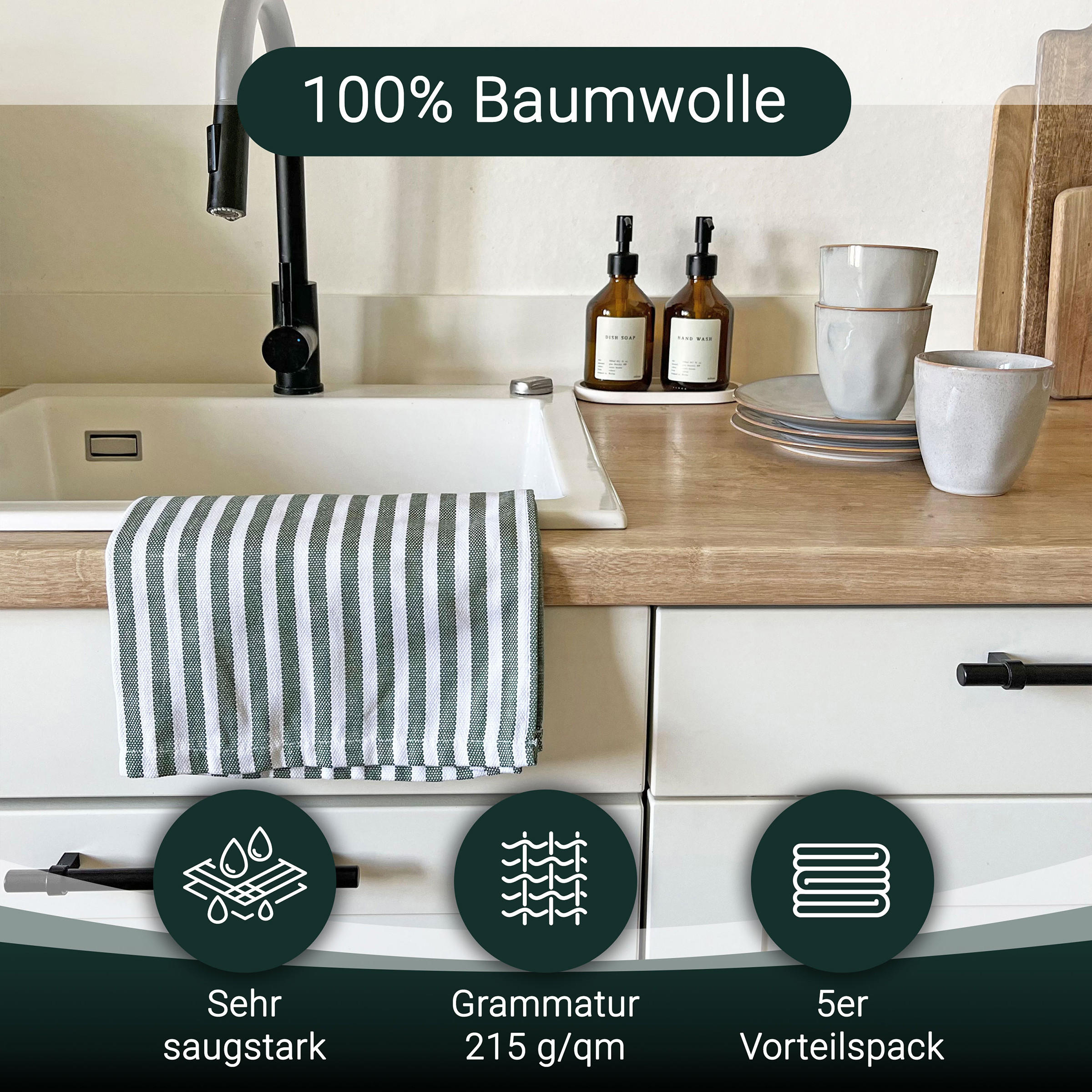 GESCHIRRTÜCHER, 5er-Set, 50x70 cm, 100% Baumwolle, Grün - Dunkelgrün, Textil (50/70cm) - Zollner