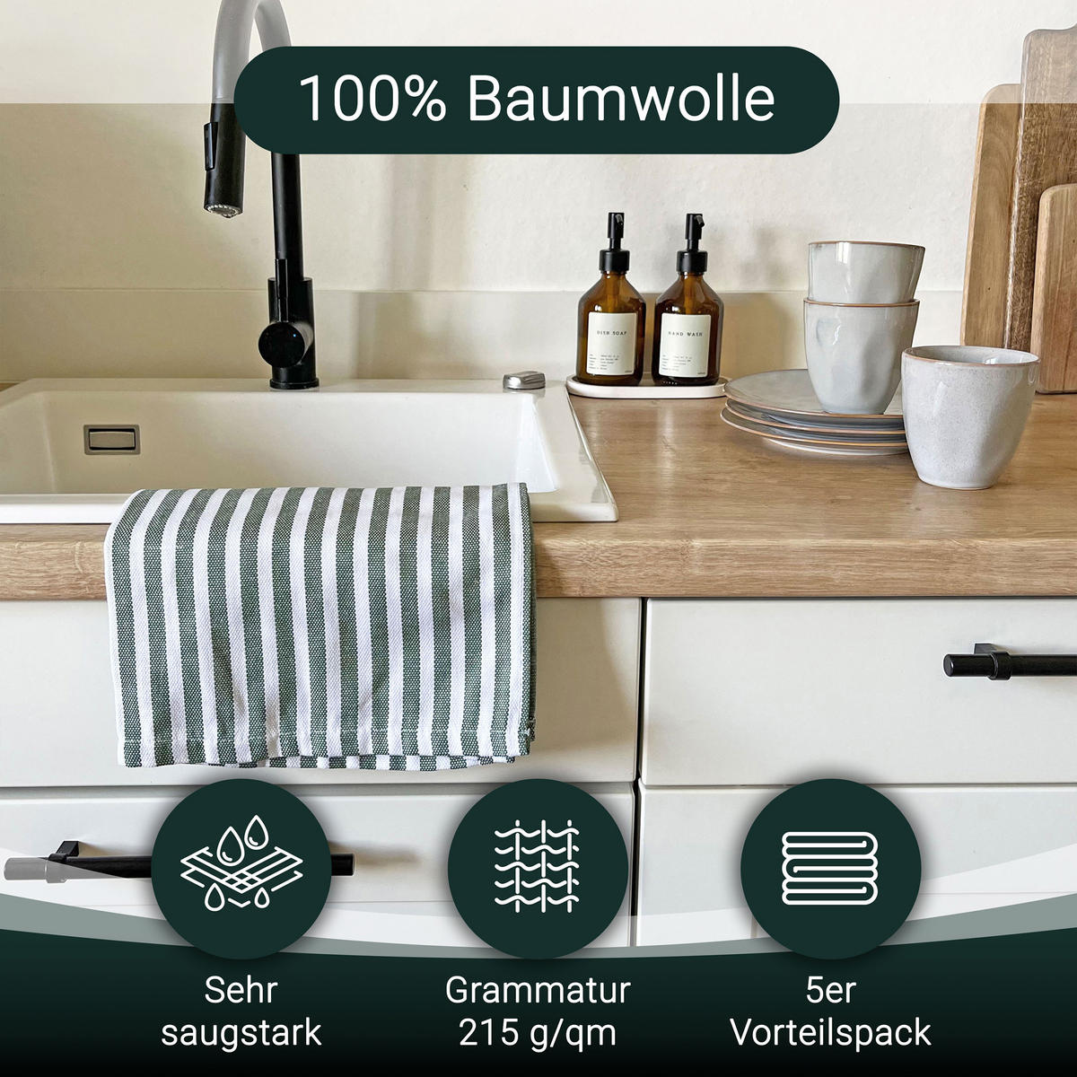 GESCHIRRTÜCHER, 5er-Set, 50x70 cm, 100% Baumwolle, Grün - Dunkelgrün, Textil (50/70cm) - Zollner