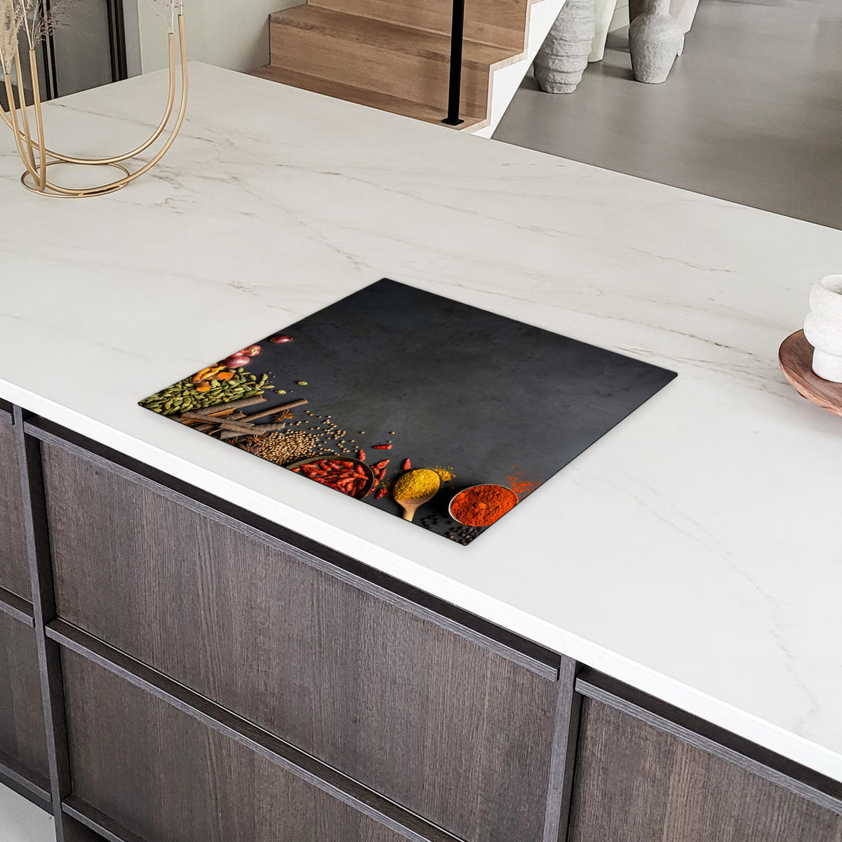 HERDABDECKPLATTE Kräuter - Lebensmittel - Gewürze - Schwarz - Paprika - Zimt Abdeckung Ceranfeld 57.6x51.6 cm - Currygelb, Kunststoff (57.6/51.6/0.2cm) - MuchoWow