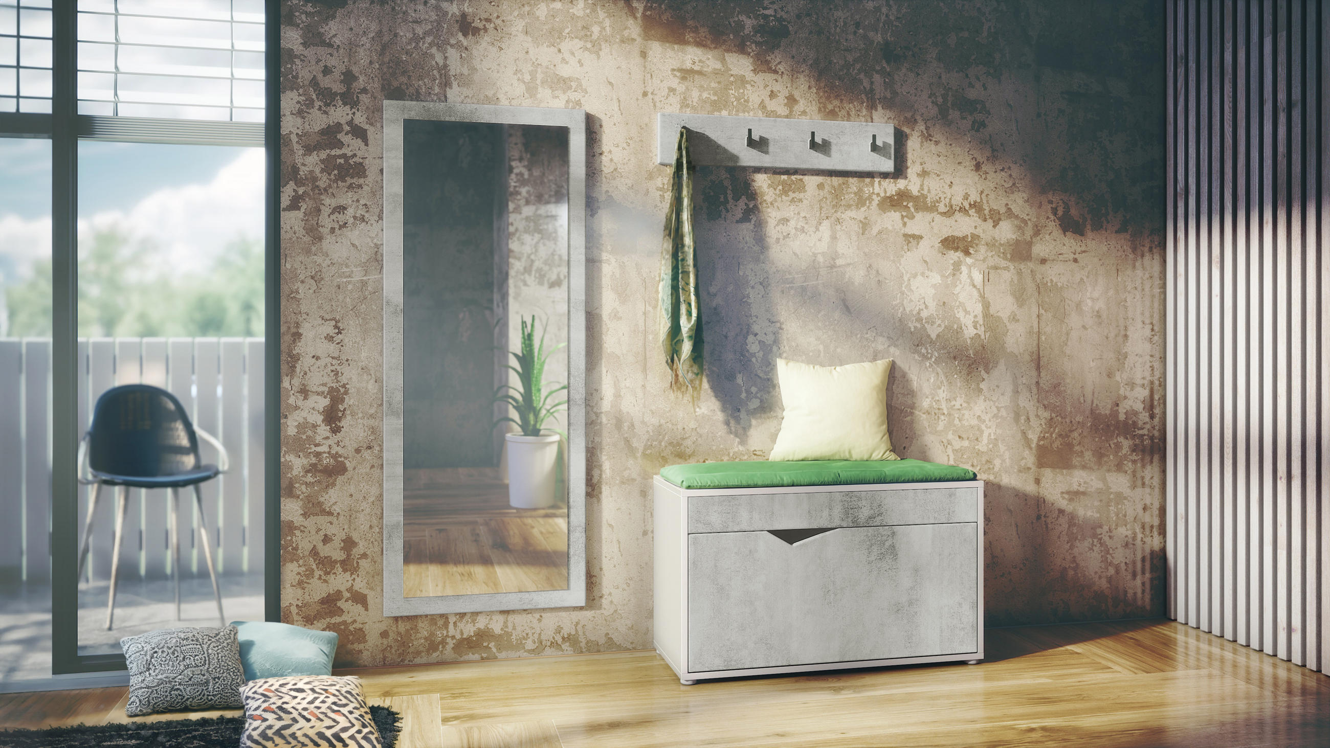 GARDEROBE Hanko Beton Oxid Optik - Hellgrau, Holzwerkstoff (160/190/33cm) - Vladon