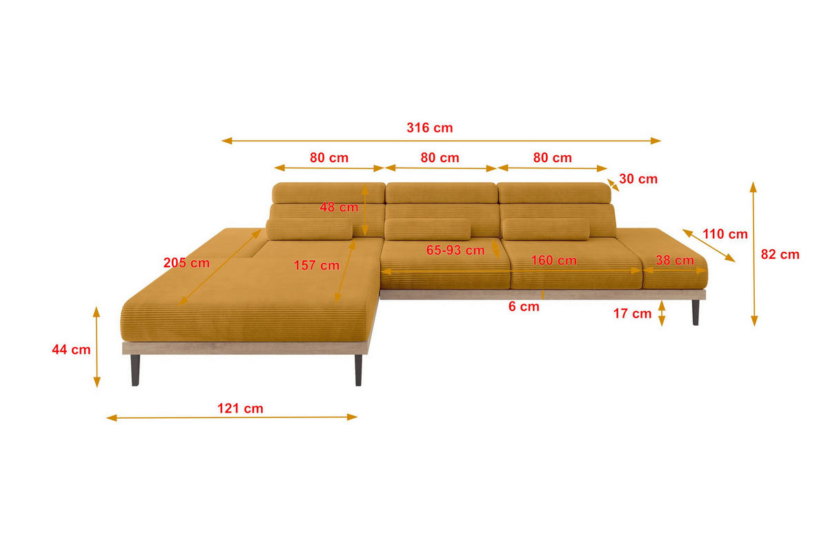 ELEKTRISCHES ECKSOFA Links MONA 316x205x85 Senfgelb Cord - Dunkelgelb, Holzwerkstoff/Textil (316/205cm) - ALTDECOR