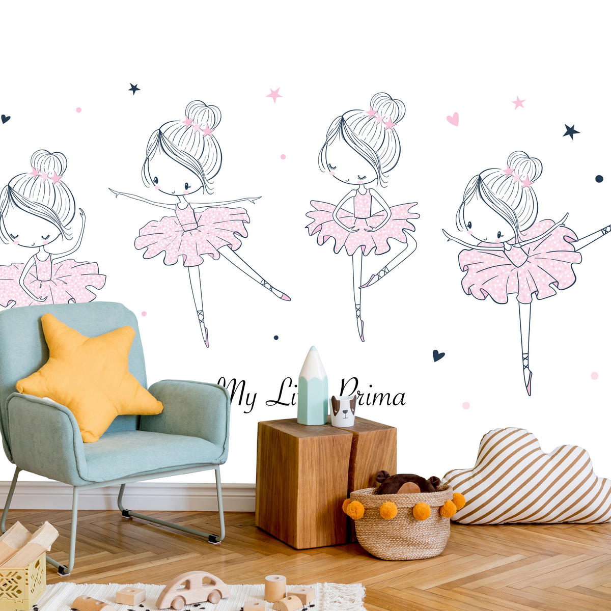 FOTOTAPETE für Kinderzimmer Kleine Ballerinen Tanzen Herzen Sterne 100x70 - Weiß, Papier (100/70cm) - Muralo