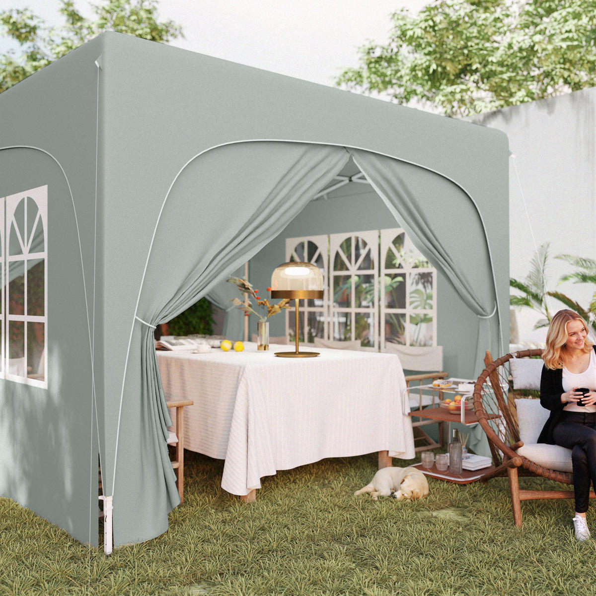 PAVILLONS aus Polyester 300x300x273 cm in Hellgrau mit Seitenteilen - Hellgrau, Textil (300/273/300cm) - Modfu