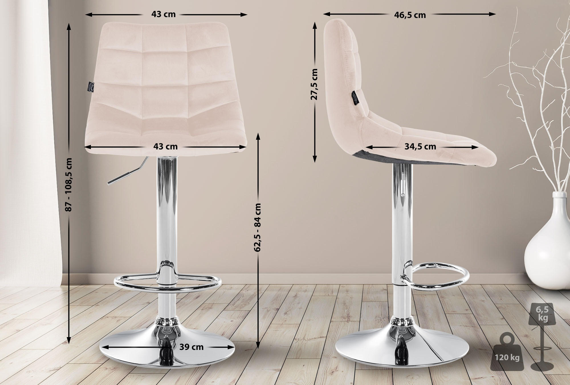 BARHOCKER 2er-Set DUBAI Beige Samt Chrom - Beige, Textil/Metall (43/87/46.5cm) - DELUKE