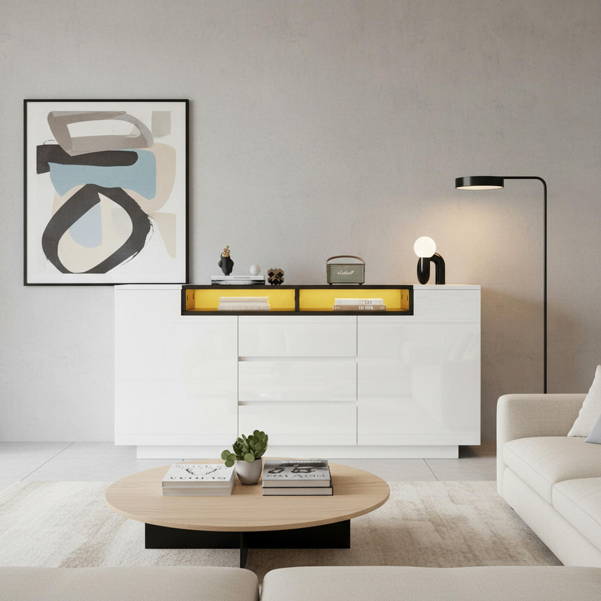 SIDEBOARD 140 cm 2 L-förmige Türen, 3 Schubladen, LED-Beleuchtung, Hochglanz Weiß & Schwarz - Weiß Hochglanz, Holzwerkstoff (140/48/60cm) - Urban Meuble