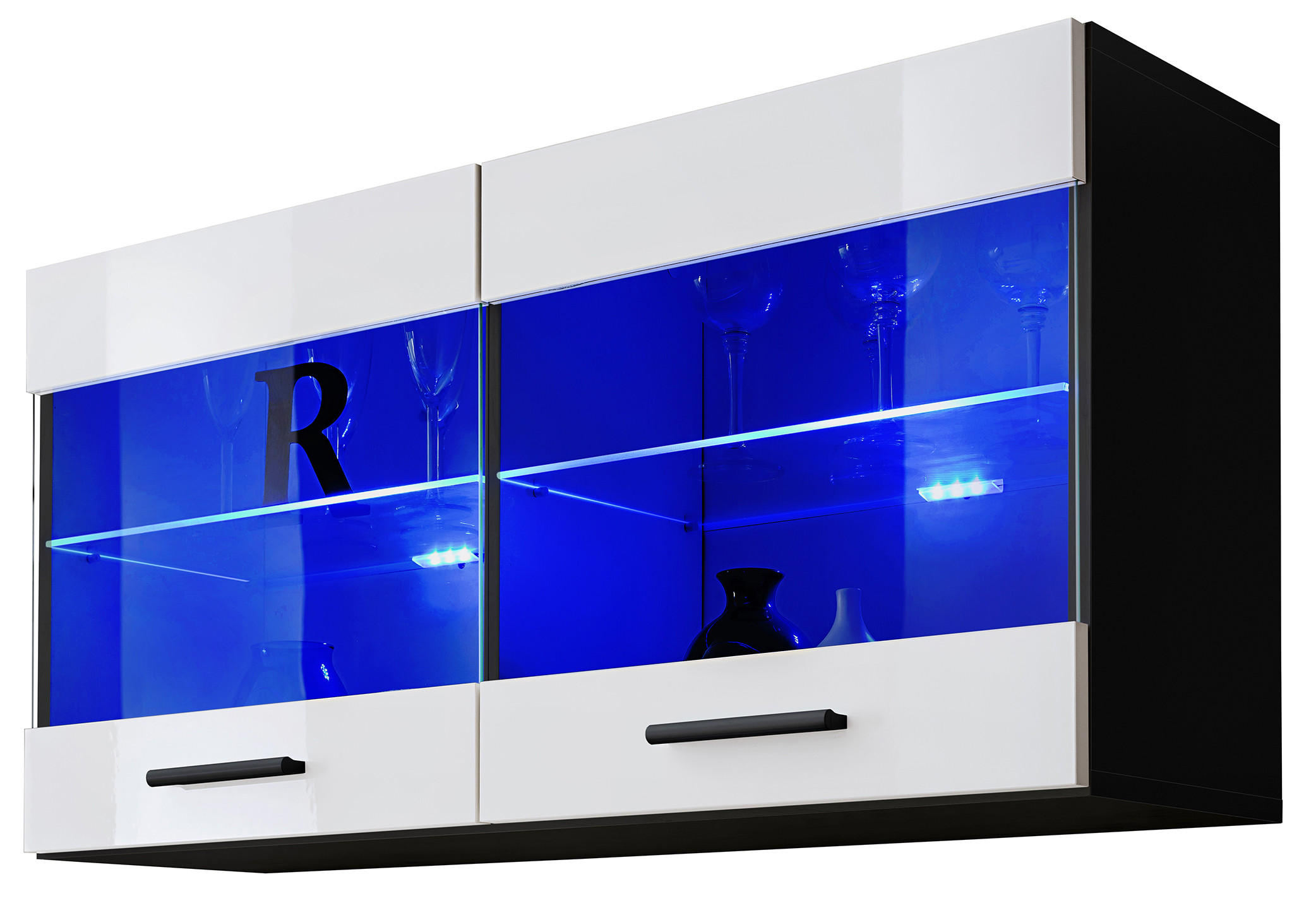 HÄNGEVITRINE SAVONA, Weiss, LED Blau - Schwarz/Weiß, Glas/Holzwerkstoff (100/50/27.2cm) - Komodee