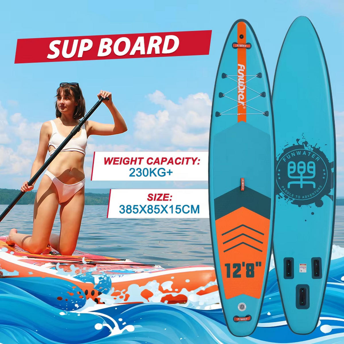 PADDLE BOARD Aufblasbar 385x85x15 cm SUP Rutschfest - Blau, Kunststoff (85/385/15cm) - Kaket
