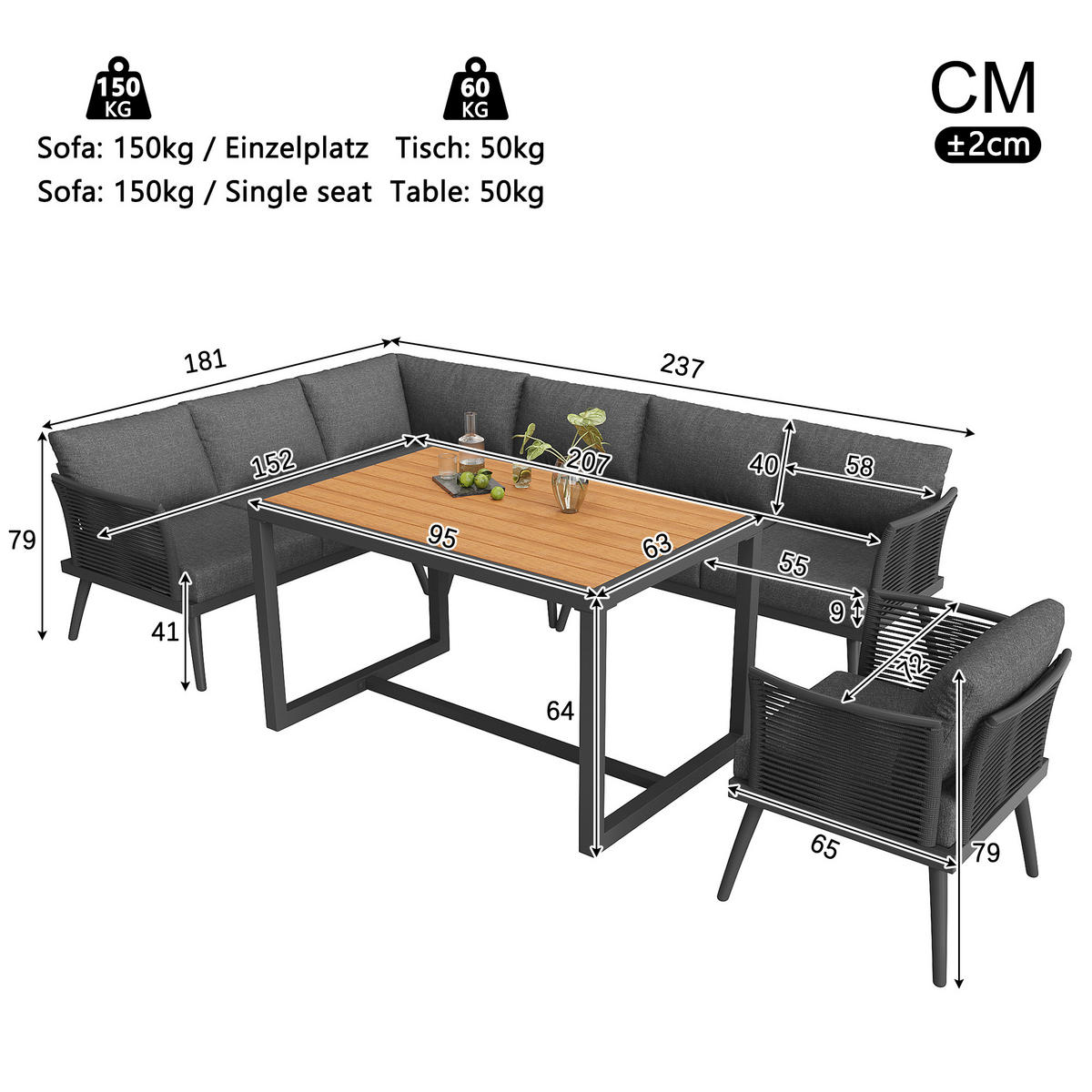 GARTENSET L-Form 7 Personen Grau Inkl. Tisch & Sessel Mit Polstern - Grau, Metall - FLIEKS